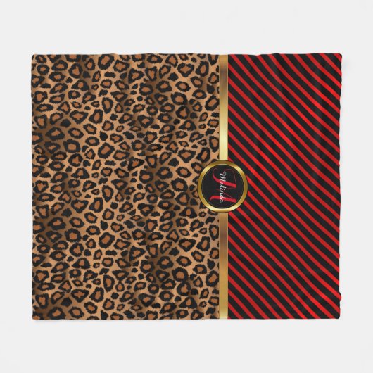 Dunkelrot und Leopard-Tierdruck in Monogramm Fleecedecke (Vorderseite (Horizontal))
