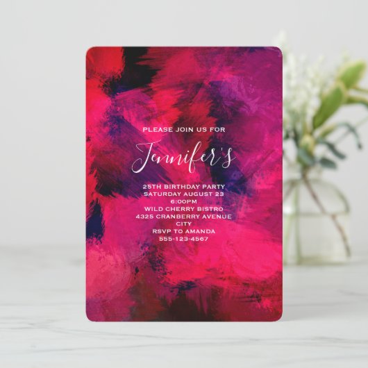 Dunkelrot und Lila Abstrakter Geburtstag Einladung (Stehend Vorderseite)