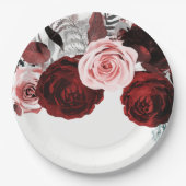 Dunkelrot und rosa Blumengrün Weiße Hochzeit Pappteller (Vorderseite)
