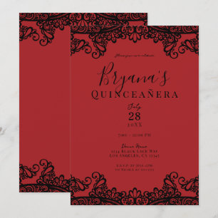 Dunkelrot und schwarze Spitze Elegante Quinceañera Einladung