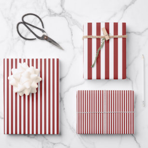 Dunkelrot-weiße Streifen Geschenkpapier Set