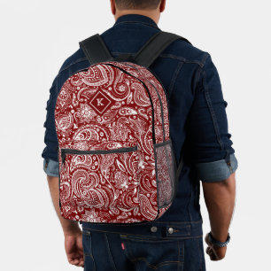 Dunkelrot-weiße Vintage Paisley-Muster Monogramm Bedruckter Rucksack