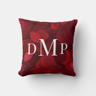 Dunkelrote Abstrakte Blätter Mit Monogramm Kissen