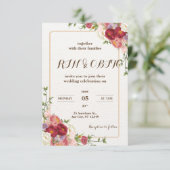 Dunkelrote Blume Hochzeit| Goldfolieninvatation Begleitkarte (Stehend Vorderseite)