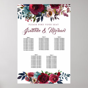 Dunkelrote Blumenkarte mit 5 Tischen für Hochzeite Poster