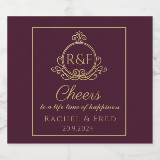 Dunkelrote Elegant Goldene Kalligrafie Hochzeit Schaumweinetikett (Einzelnes Label)