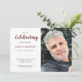 Dunkelrote Feier des Lebens mit Beerdigung des Fot Einladung (Stehend Vorderseite)