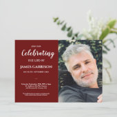 Dunkelrote Feier des Lebens mit Beerdigung des Fot Einladung (Stehend Vorderseite)