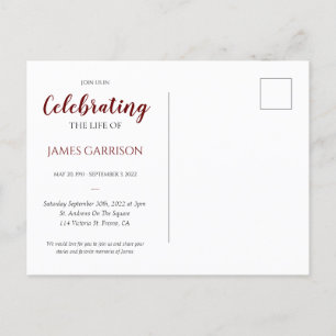 Dunkelrote Feier des Lebens mit Foto Trauerfeier Postkarte