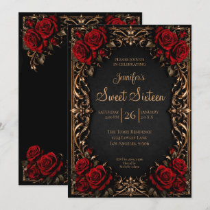 Dunkelrote florale Gothic Sweet 16 Einladung