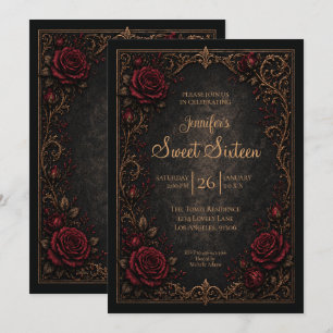 Dunkelrote florale gothic Sweet 16 Einladung