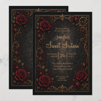 Dunkelrote florale gothic Sweet 16 Einladung
