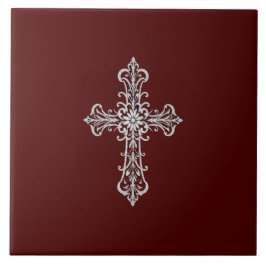 Dunkelrote Keramik mit Silberkreuz Fliese