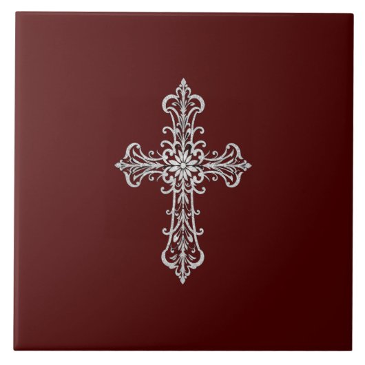 Dunkelrote Keramik mit Silberkreuz Fliese (Vorderseite)