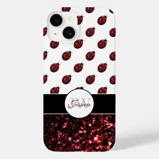 Dunkelrote Ladybug-Imitate Glitzer-Glitzern Monogr Case-Mate iPhone Hülle (Rückseite)