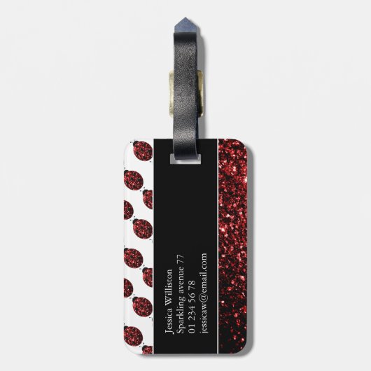 Dunkelrote Ladybug-Imitate Glitzer-Glitzern Monogr Gepäckanhänger (Rückseite vertikal)