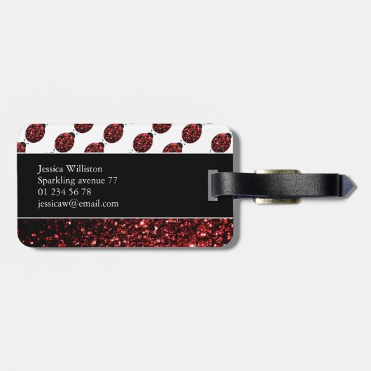 Dunkelrote Ladybug-Imitate Glitzer-Glitzern Monogr Gepäckanhänger (Rückseite horizontal)