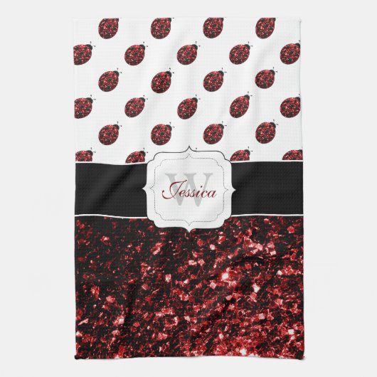 Dunkelrote Ladybug-Imitate Glitzer-Glitzern Monogr Geschirrtuch (Vertikal)