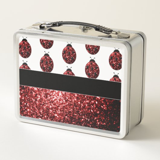 Dunkelrote Ladybug-Imitate Glitzer-Glitzern Monogr Metall Lunch Box (Rückseite)