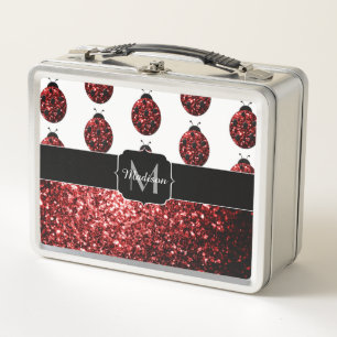 Dunkelrote Ladybug-Imitate Glitzer-Glitzern Monogr Metall Lunch Box