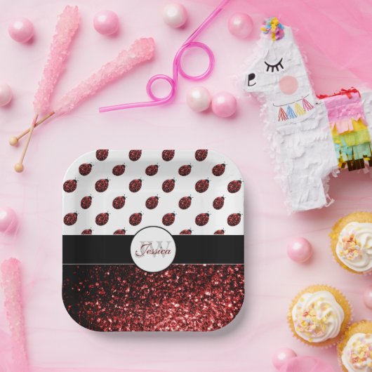 Dunkelrote Ladybug-Imitate Glitzer-Glitzern Monogr Pappteller (Party)