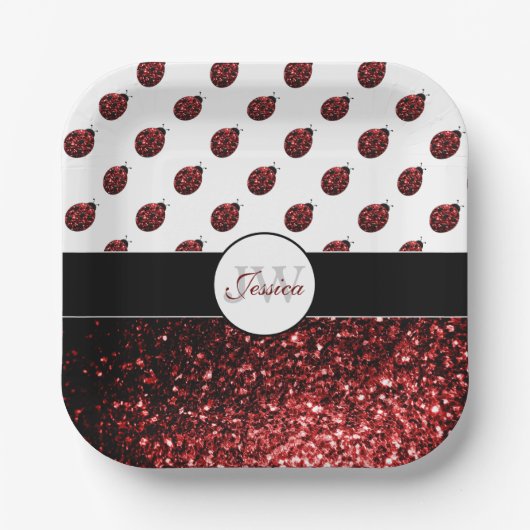 Dunkelrote Ladybug-Imitate Glitzer-Glitzern Monogr Pappteller (Vorderseite)