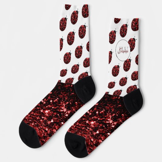 Dunkelrote Ladybug-Imitate Glitzer-Glitzern Monogr Socken (Linkes Detail)