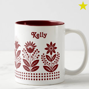 Dunkelrote minimalistische Volkskunst-Blumen mit i Zweifarbige Tasse