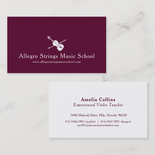 Dunkelrote, moderne Geigensaiten-Visitenkarte Visitenkarte (Vorne/Hinten)