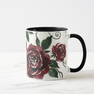 Dunkelrote Rosen Keramikbecher mit schwarzem Griff Tasse