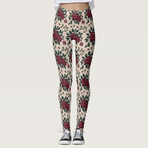 Dunkelrote Rosen mit grünen Blättern Leggings