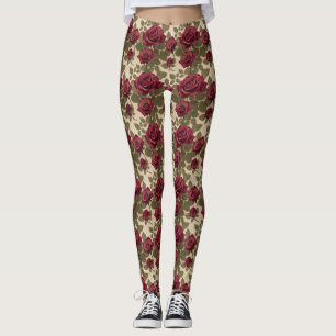 Dunkelrote Rosen mit verblassten grünen Blättern Leggings