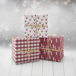 Dunkelrote, rustikale Urlaubsmuster Holzbäume Kari Geschenkpapier Set