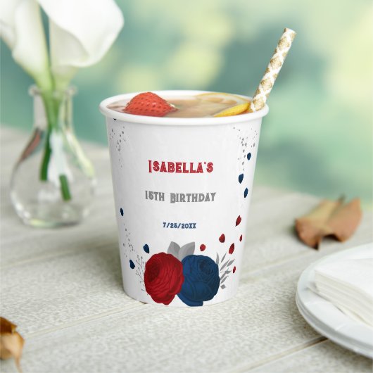 dunkelrote und marineblaue Blumen silber Pappbecher (In Situ)