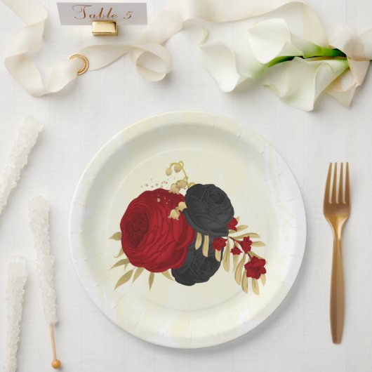dunkelrote und schwarze Blume Gold Pappteller (Hochzeit)