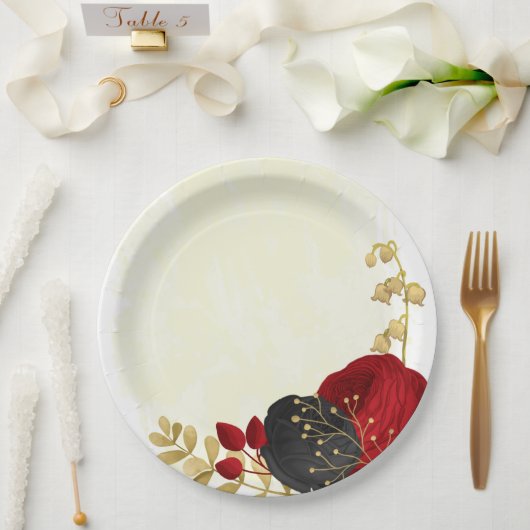 dunkelrote und schwarze Blume Gold Pappteller (Hochzeit)