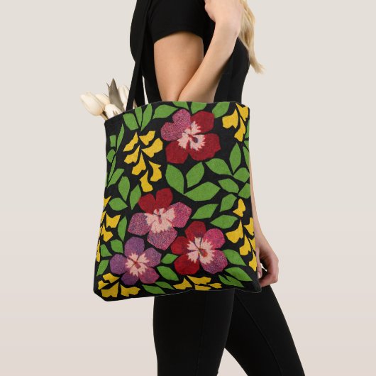 Dunkelrote, violette, grüne und gelbe Blumen Tasche (Von Nahem)