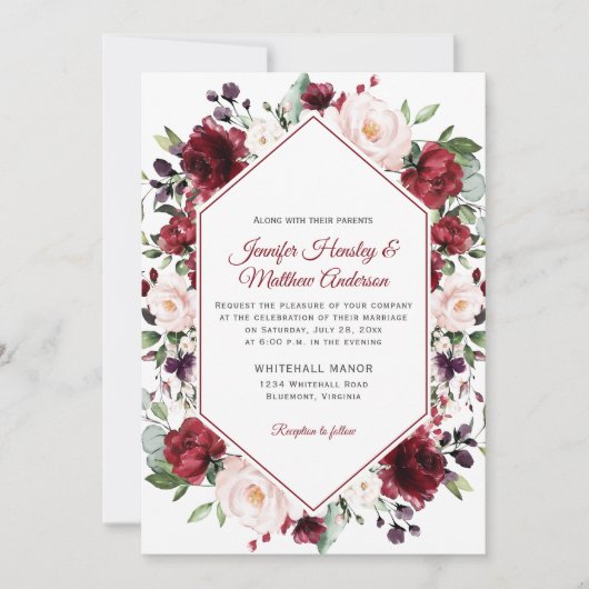 Dunkelrote Wasserfarbe Blumenrahmen Winter Hochzei Einladung (Vorderseite)