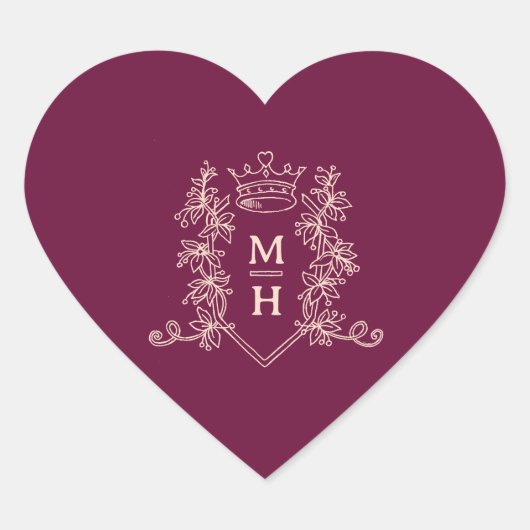 Dunkelroter Bordeaux-Pfirsichkrone Mono-Hochzeit Herz-Aufkleber (Vorderseite)
