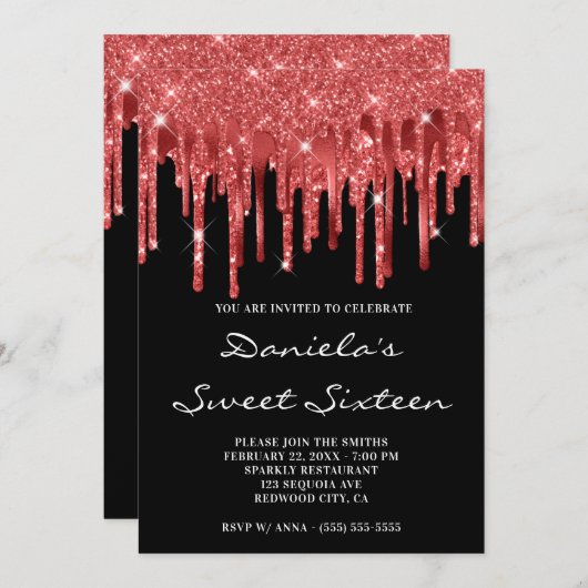 Dunkelroter Glitzer Foil Tropfens Black 16 . Gebur Einladung (Vorne/Hinten)