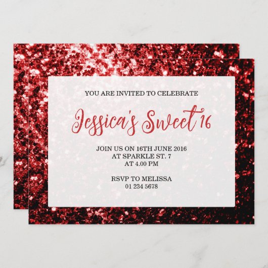 Dunkelroter Glitzer Glitzern Sweet 16 elegantes Dr Einladung (Vorne/Hinten)