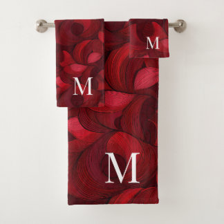 Dunkelrotes Abstraktes Leaf-Muster Mit Monogramm Badhandtuch Set