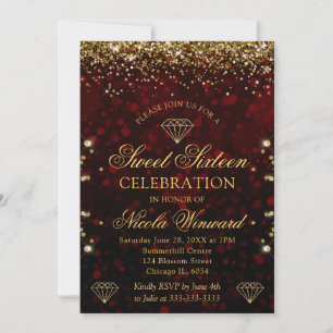 Dunkelrotes Bokeh und Gold Glitter Sweet 16 Einladung