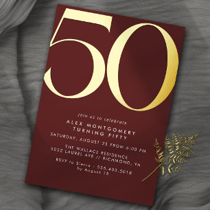 Dunkelrotes Burgund + Gold Elegantes 50. Geburts Folieneinladung