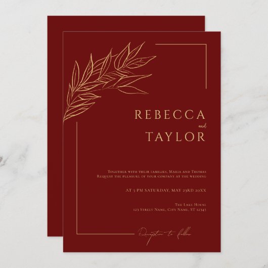 Dunkelrotes Elegantes Minimales Hochzeitsszenario Einladung (Vorne/Hinten)