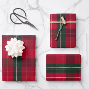 Dunkelrotes-grünes Weihnachtsmuster Geschenkpapier Set