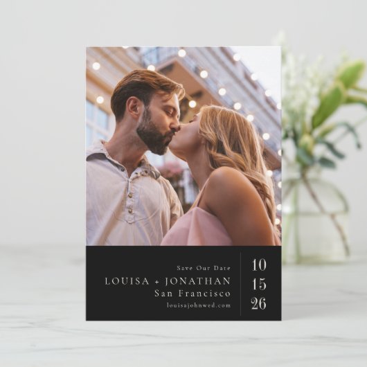 Dunkelschwarze Elegante Moderne Foto Hochzeit Save The Date (Stehend Vorderseite)