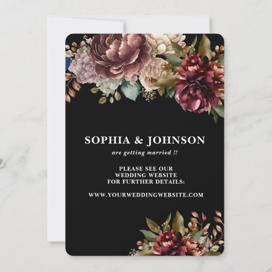 Dunkelschwarzes rustikales Blumenpaar Foto Hochzei Save The Date (Rückseite)