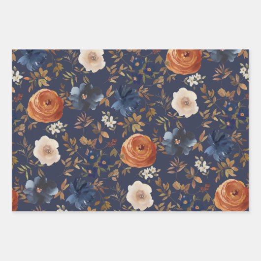 Dunkelstaubblauer Rost Wasserfarbenflor Geschenkpapier Set (Vorderseite)