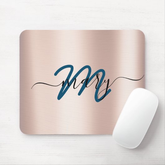Dunkeltürkis. Blue Rose Minimal Name Monogram. Lux Mousepad (Mit Mouse)